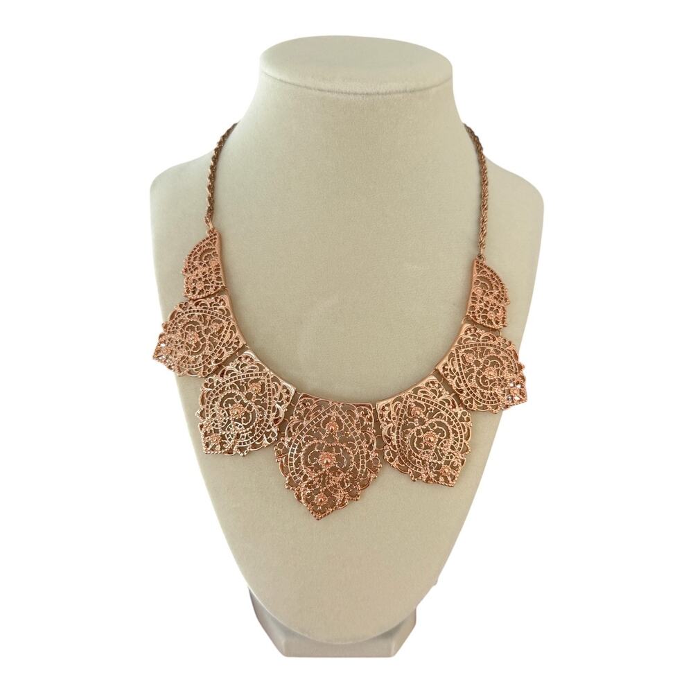 Rose Gold Tone Bib Necklace Filigree Scrollwork 16-18" Romantic Statement